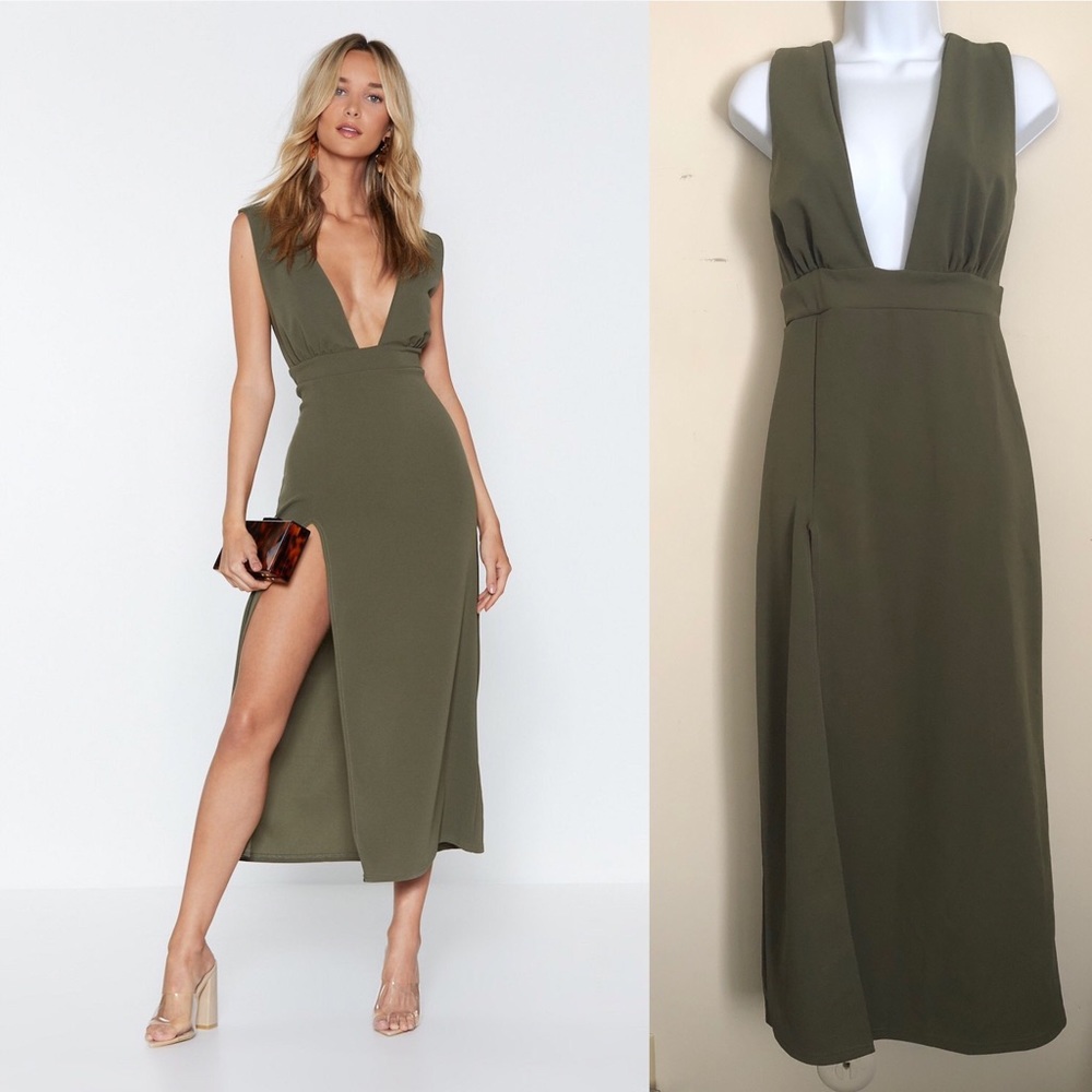 NEW | Nasty Gal olive plunging midi dress